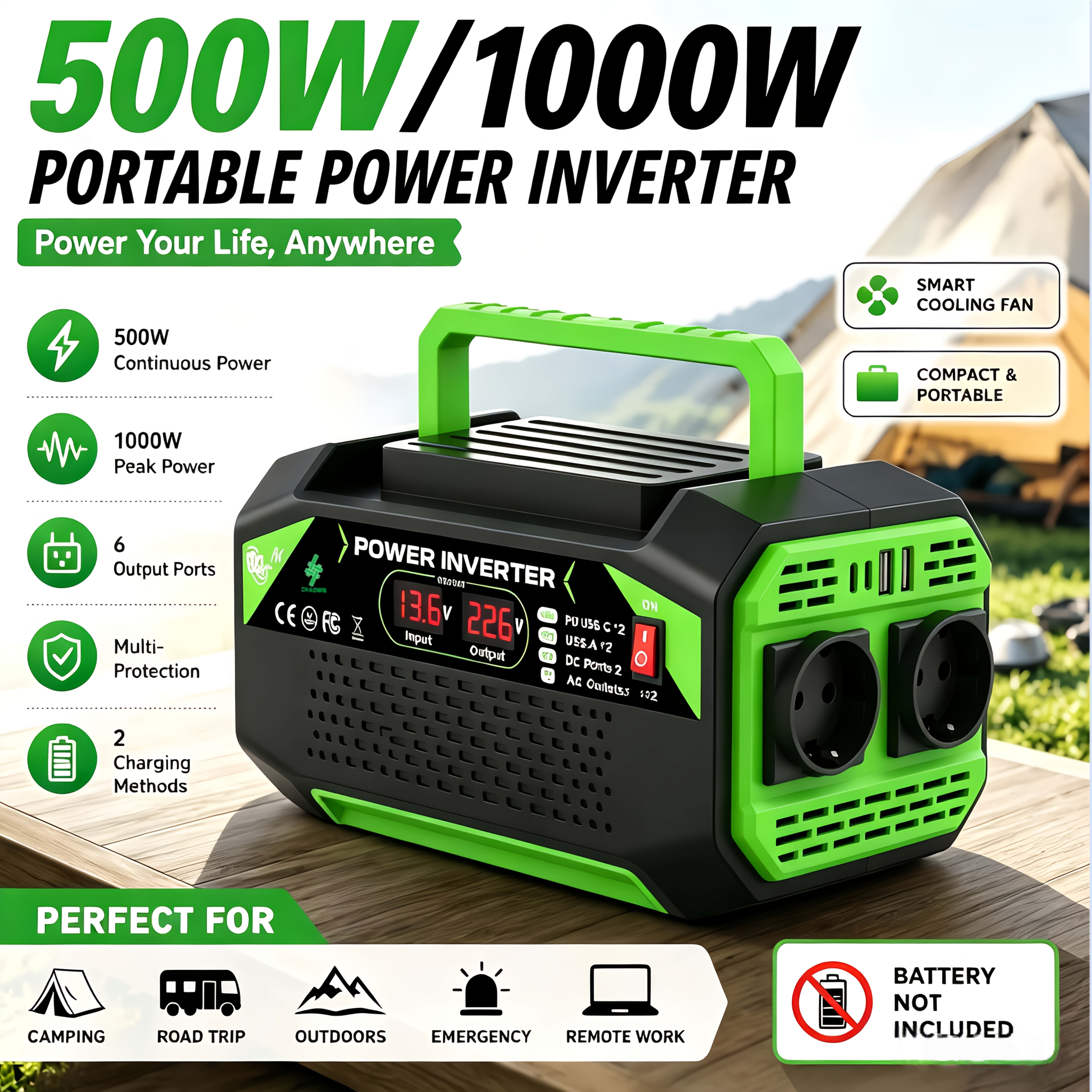TEMU Inversor portátil de 1000W/500W, DC12V a AC 220V/230V, accesorios de cable de conexión, multifuncional, equipado con pantalla LCD, 2 estándar UE