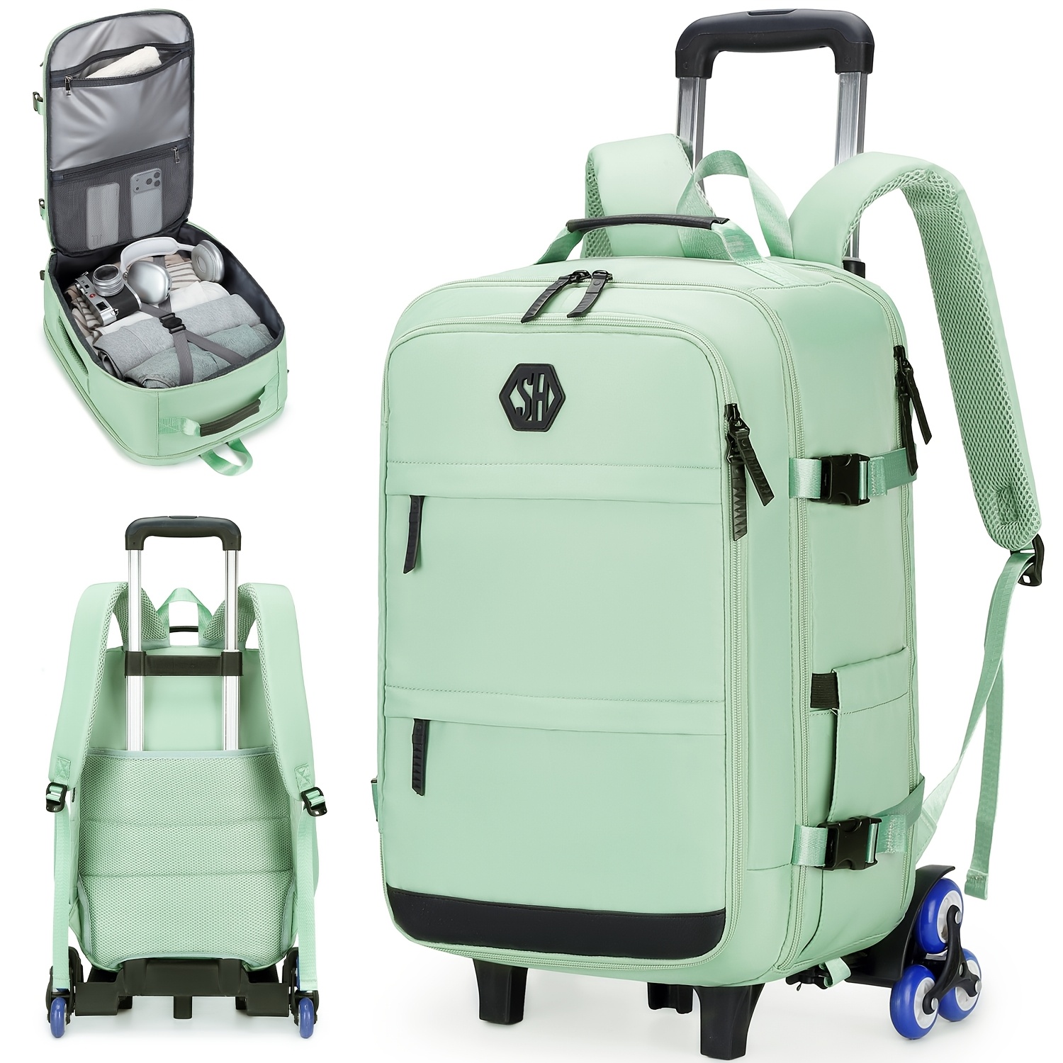 Image of Six-wheel Ladder Backpack With Pull Rod, Laptop Backpack With Luggage Strap, Business-style Dual-shoulder Backpack, Fashionable Design With Zipper Compartments, Unisex Backpack For Back-to-