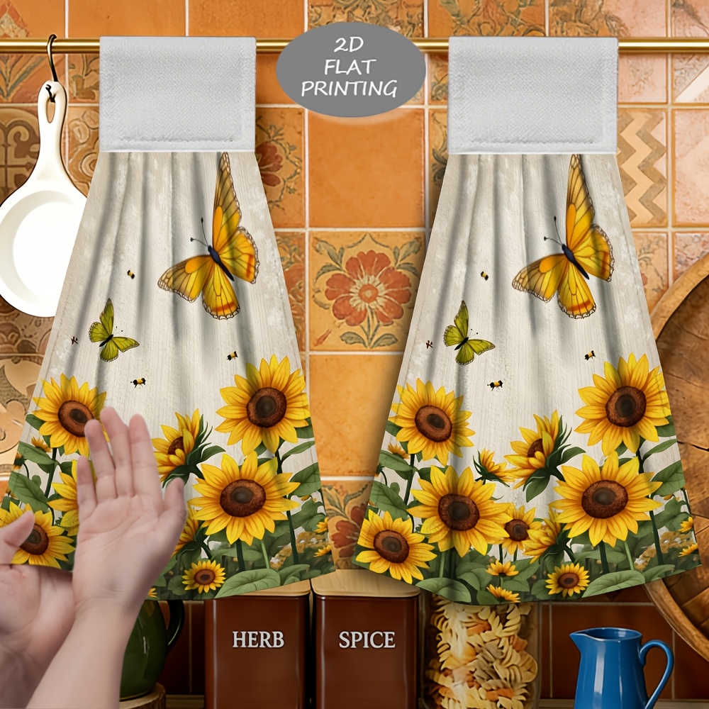 TEMU 2pcs Sunflower Pattern Print Hanging Hand Towel, Soft Microfiber, Fine , Comfortable And Skin-friendly, Absorbent. Suitable For Bathroom,