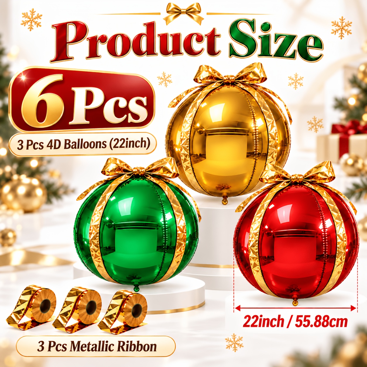 TEMU Red, Yellow, And Green Foil Decorative Hanging Ball Set With , Christmas Gift Balls, Suitable For Christmas, Weddings, Valentine's Day