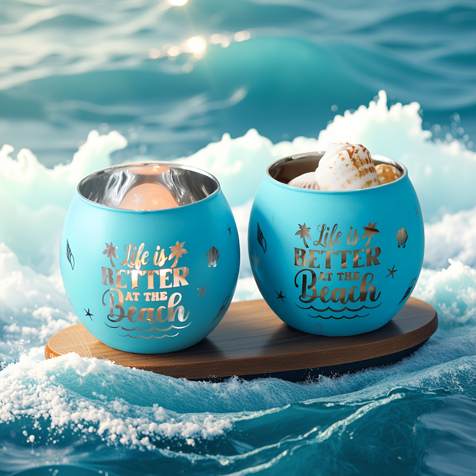 TEMU 2 Packs Of Blue Glass Candle Holders - Beach House Decor, Coastal Tabletop Set For Ocean-themed Parties And Gifts, Artisan Coastal Decorations