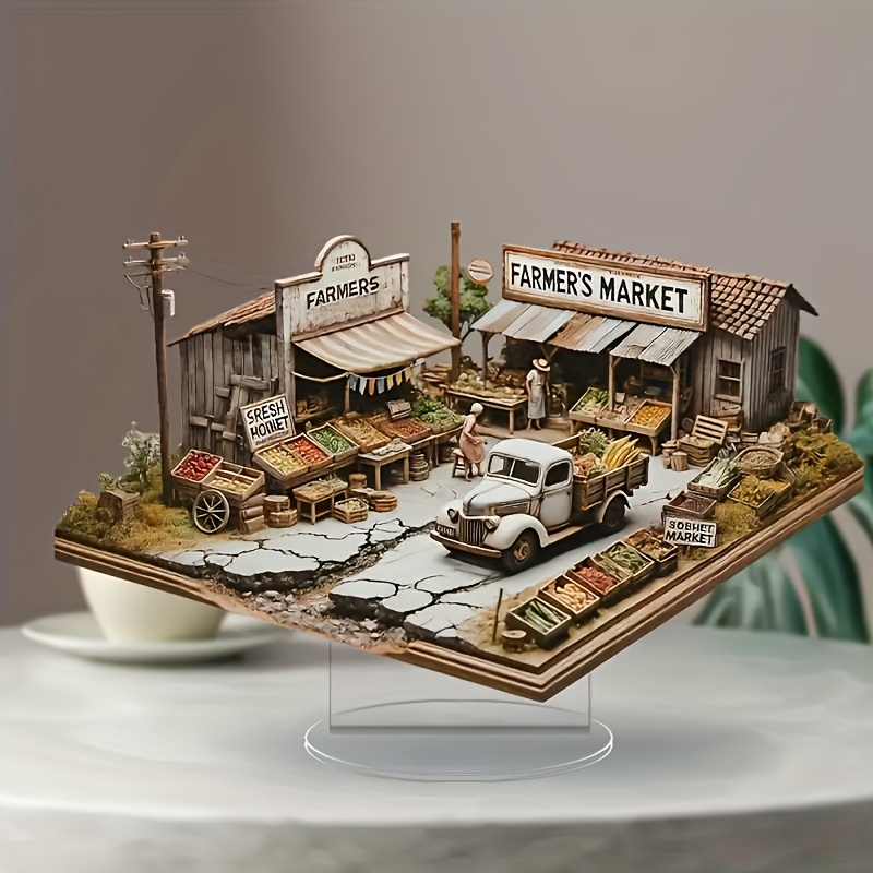 

' Acrylic Table Decor, 7.9in X 12.5in - Rustic 2d Display Of A Market Scene With & Stands, Ideal For , Perfect Gift For Valentine's Day, Day, Housewarming & New Year, Country Farmhouse Decor