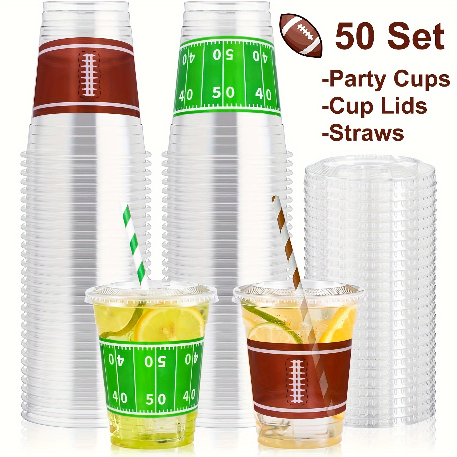 

50pcs Football Plastic Cups With Paper Straws And - 12oz Party Cups Football Parties And Events, Disposable For Party Supplies Party Favors Football Themed Birthdays