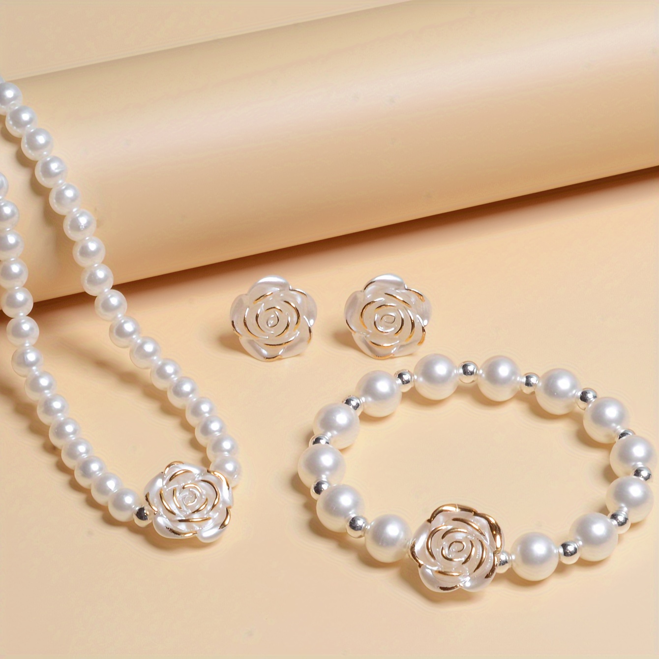 

Stud Earrings + Bracelet + Necklace Bohemian Jewelry Set Milky Rose Design Engagement Wedding Jewelry Evening Party Decor