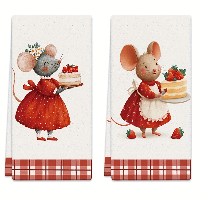TEMU Cleaning Cloth 2pcs Kitchen Towel, Red Cake Apron Mouse Kitchen Towel, 40*60cm, Tea Towel, Dishwashing Towel Birthday Gift, Kitchen Bathroom