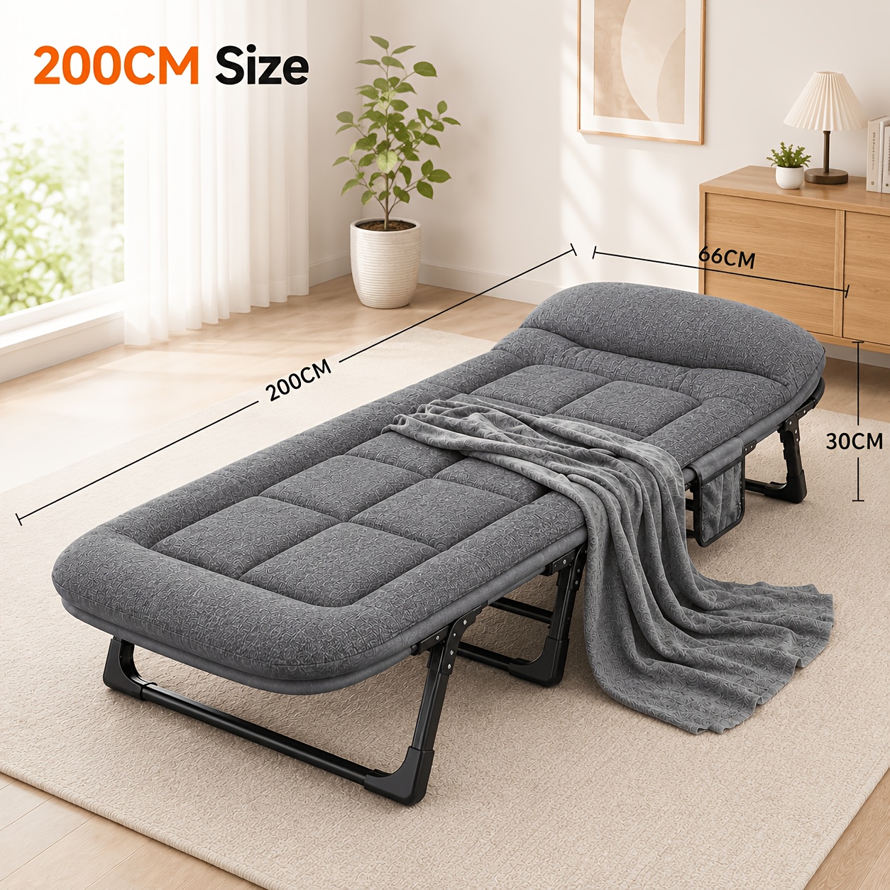 TEMU Letto pieghevole portatile, schienale regolabile in 6 posizioni, imbottito , con coperta, cuscino e borsa portaoggetti laterale, telaio in