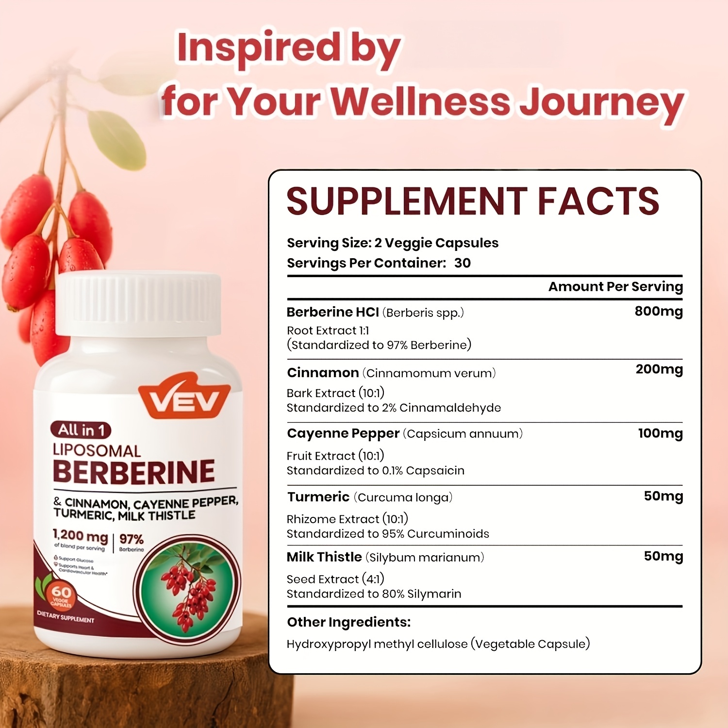 VEV Berberine Capsules with Ceylon Cinnamon, Cayenne Pepper, Turmeric & Milk Thistle Supplement, 1 Bottle