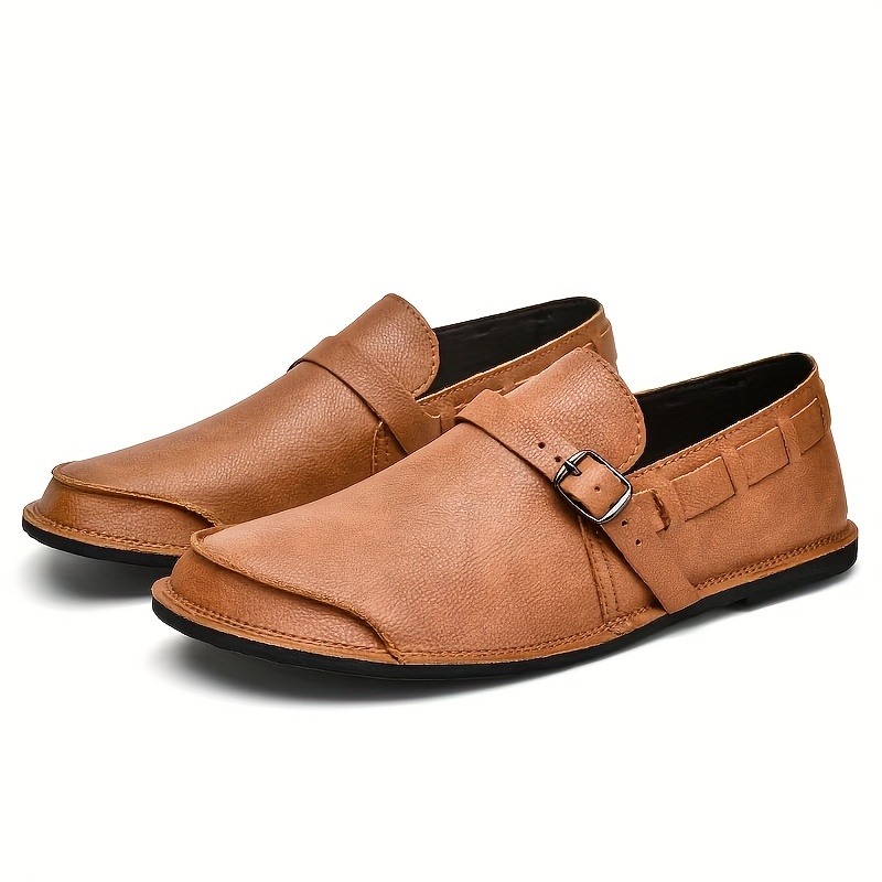 Men'S Retro-Style Slip-On Loafers, Featuring a Solid Color Ultra-Fine Microfiber Upper, Rubber Sole, Round-Toe Casual Business Shoes, Suitable for All Seasons with Decorative Buckle Design for a Classic Vintage Look, Comfortable PU Insole