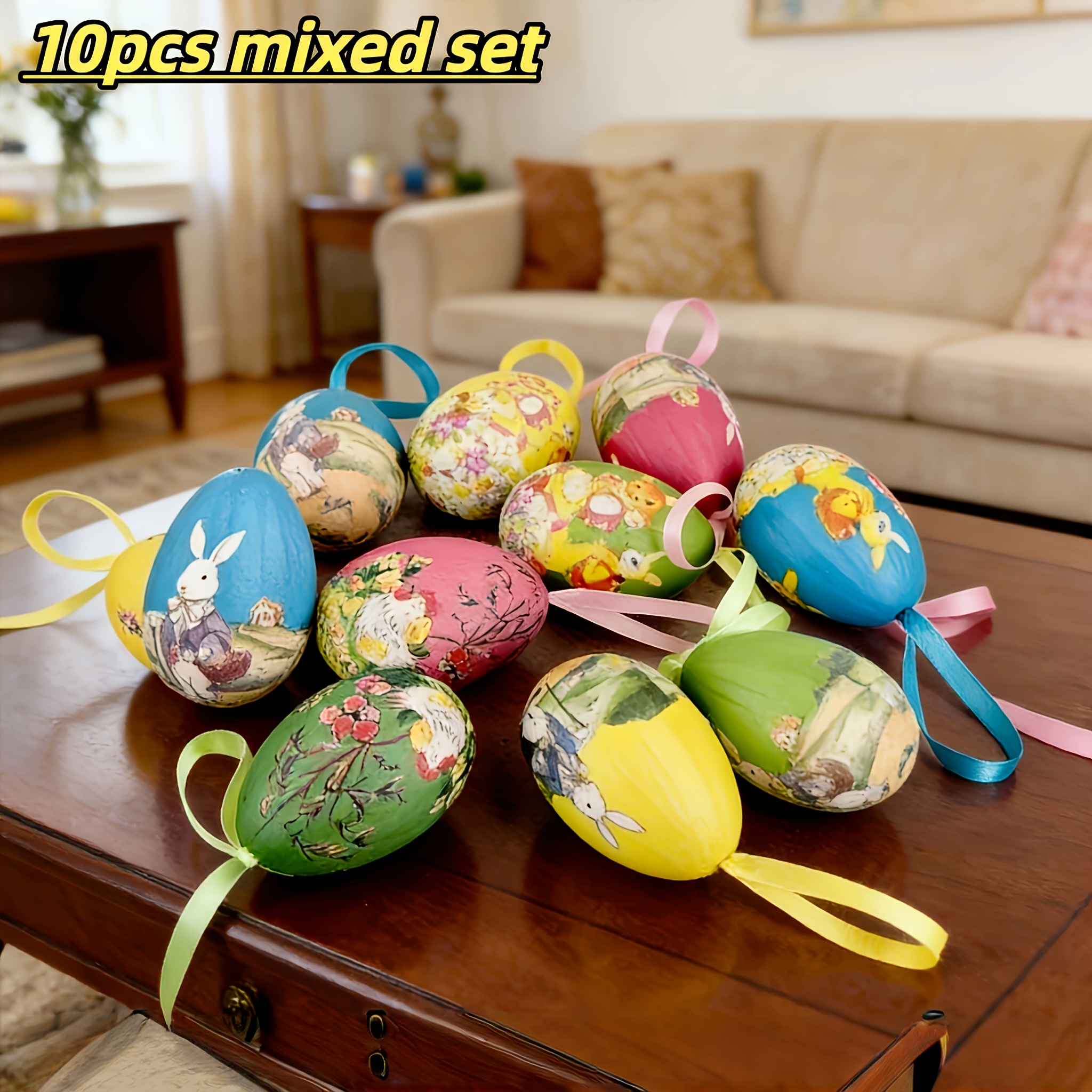 Image of Artificial Hanging Decorative Multicolored Eggs With Rabbit And Chicken Patterns, Tree Ornaments, And Easter Party Decorations