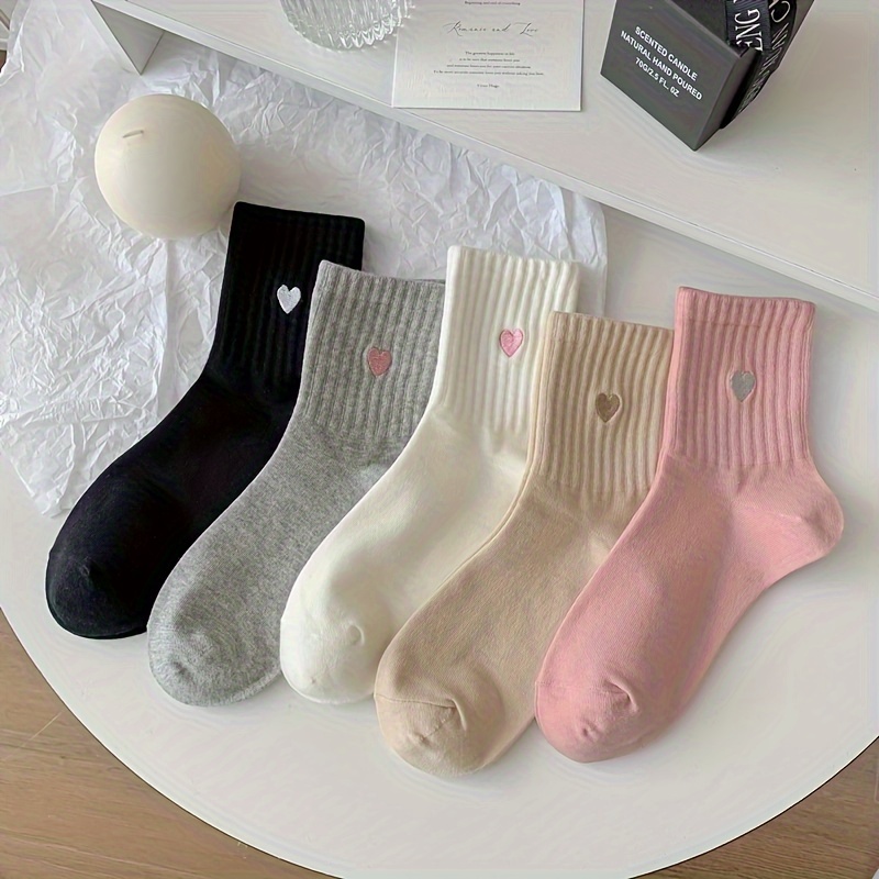 TEMU 5-pair -patterned Ankle Socks, Autumn/winter Style, Japanese-style Versatile Solid Color Korean-style Women's Short Socks