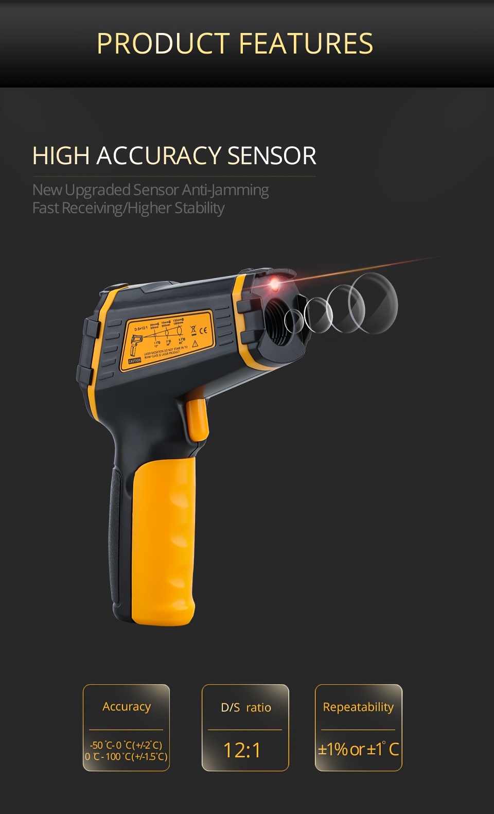 Non-Contact Infrared Thermometer with Humidity Monitor, 50°-490° Measurement Range, Color Screen Alert Function, ABS Plastic, Battery Operated - Ideal for Lab & Field Us