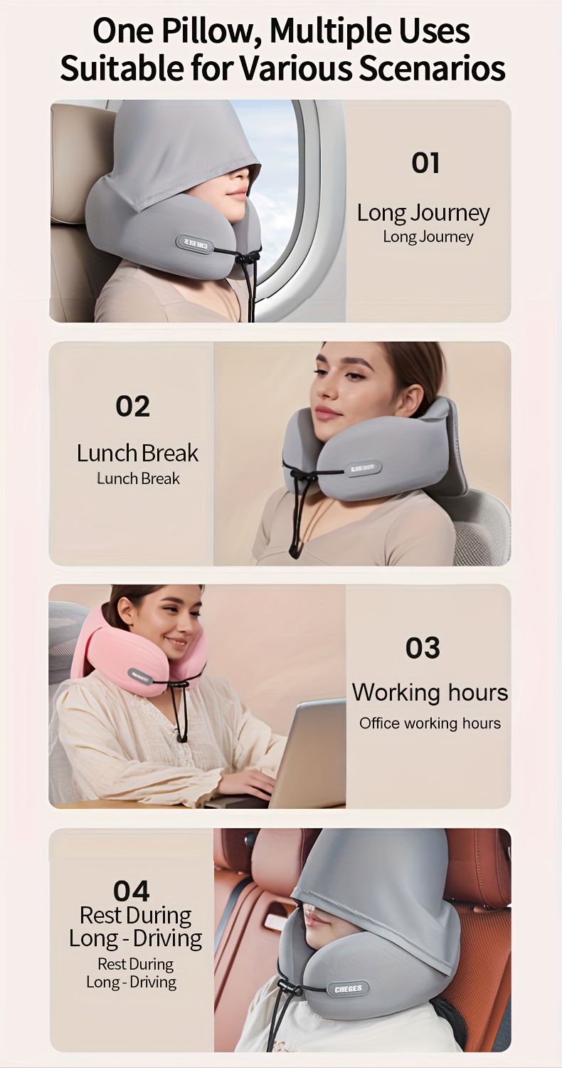 Car Hooded U-Shaped Neck Pillow, Adjustable Hooded U-Shaped Neck Pillow, Portable for Airplane Travel, Ice Sliky Fiber Fabric Slow Rebound U-Shaped Neck Pillow with Storage Bag