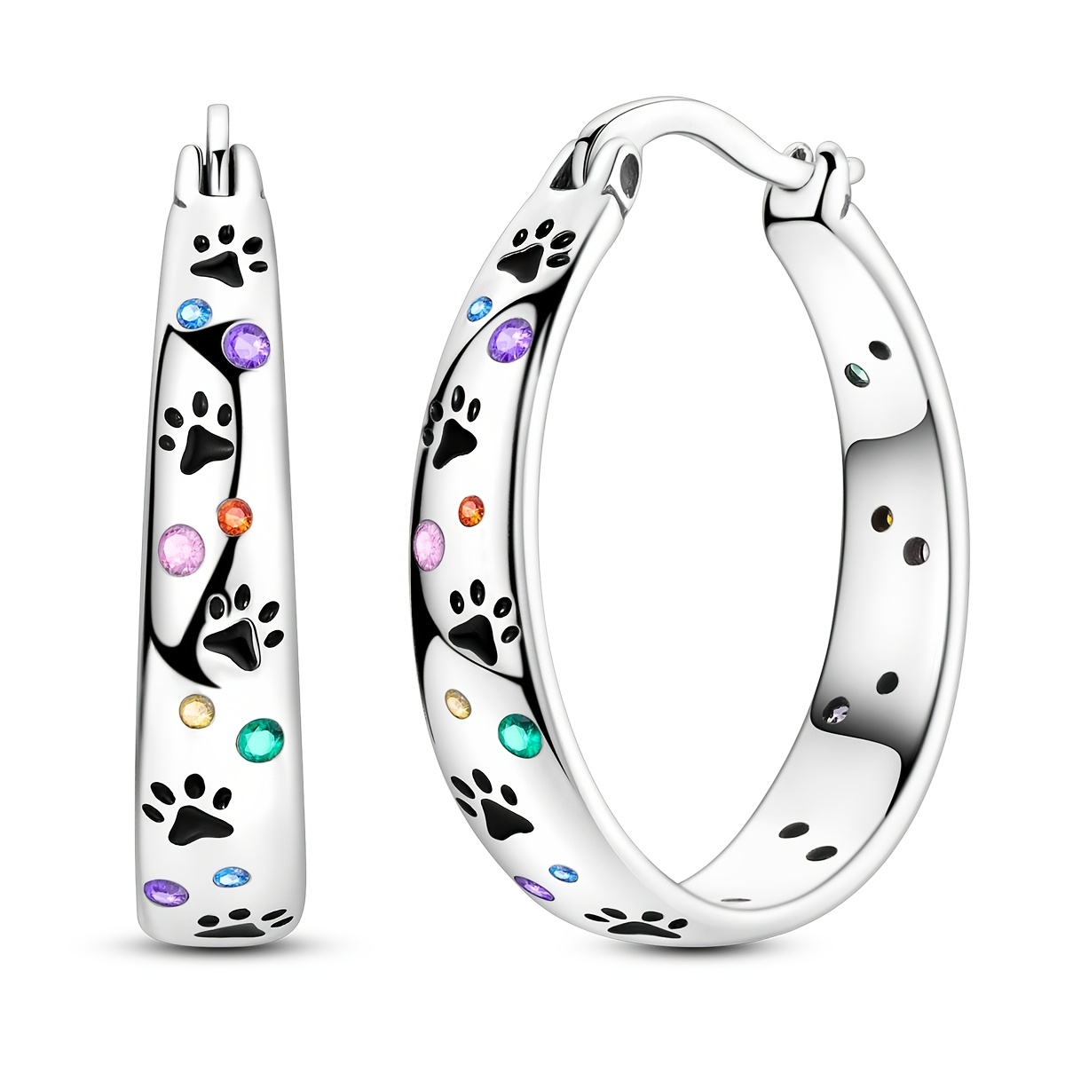 E-shop 1 Paar Elegante Silberne Kubikzirkonia & Kupfer Creolen mit Buntem Blasenpfoten-Druck Design - für Damenmode, Valentinstag und ,