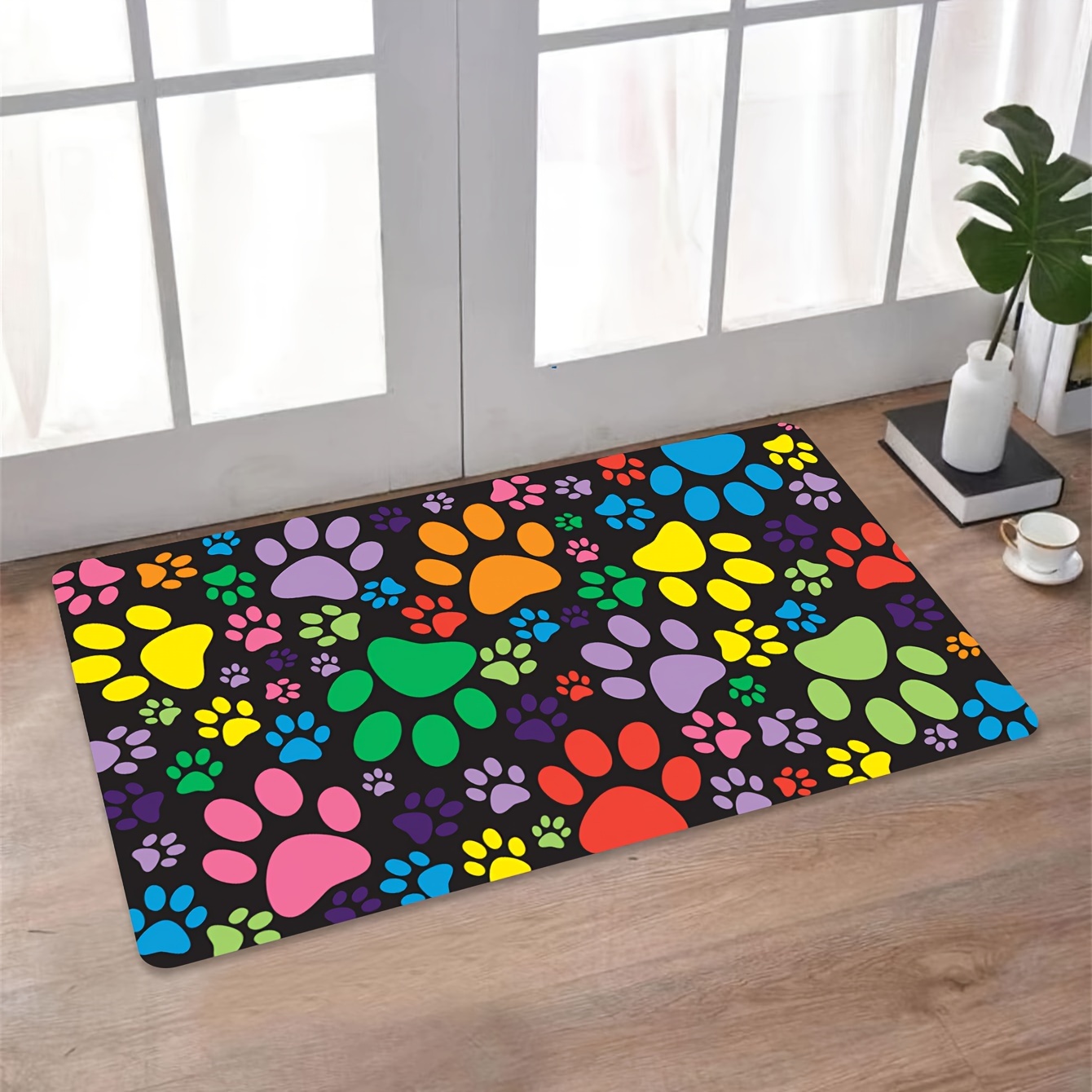 

Machine Washable Polyester Doormat - Stain Resistant Low Pile Rectangle Non-slip Mat With Colorful Animal Paw Prints For Indoor/outdoor Entrance Decor, Durable Easy-clean Carpet Mat