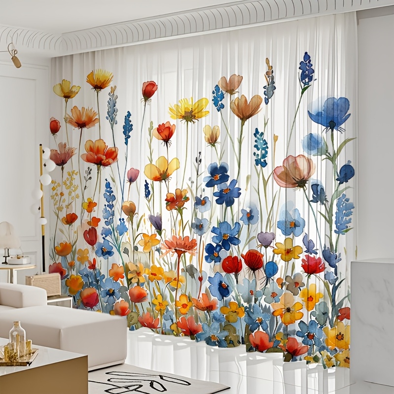 TEMU 2d Flat - 2d Flat - [2d Flat Printing] 2pcs Garden Curtains Watercolor Romantic Sheers Light Tulle Window Curtains For Living Room Bedroom Door