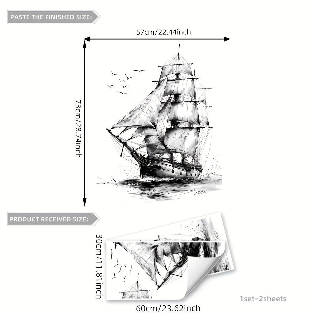 Image of A Set Of 2 (30*60cm*2pcs) Creative Minimalist Black Sailboat And Bird Wall Stickers For Living Room And Bedroom Decoration, Background Wall Decals (ms7212-yc)