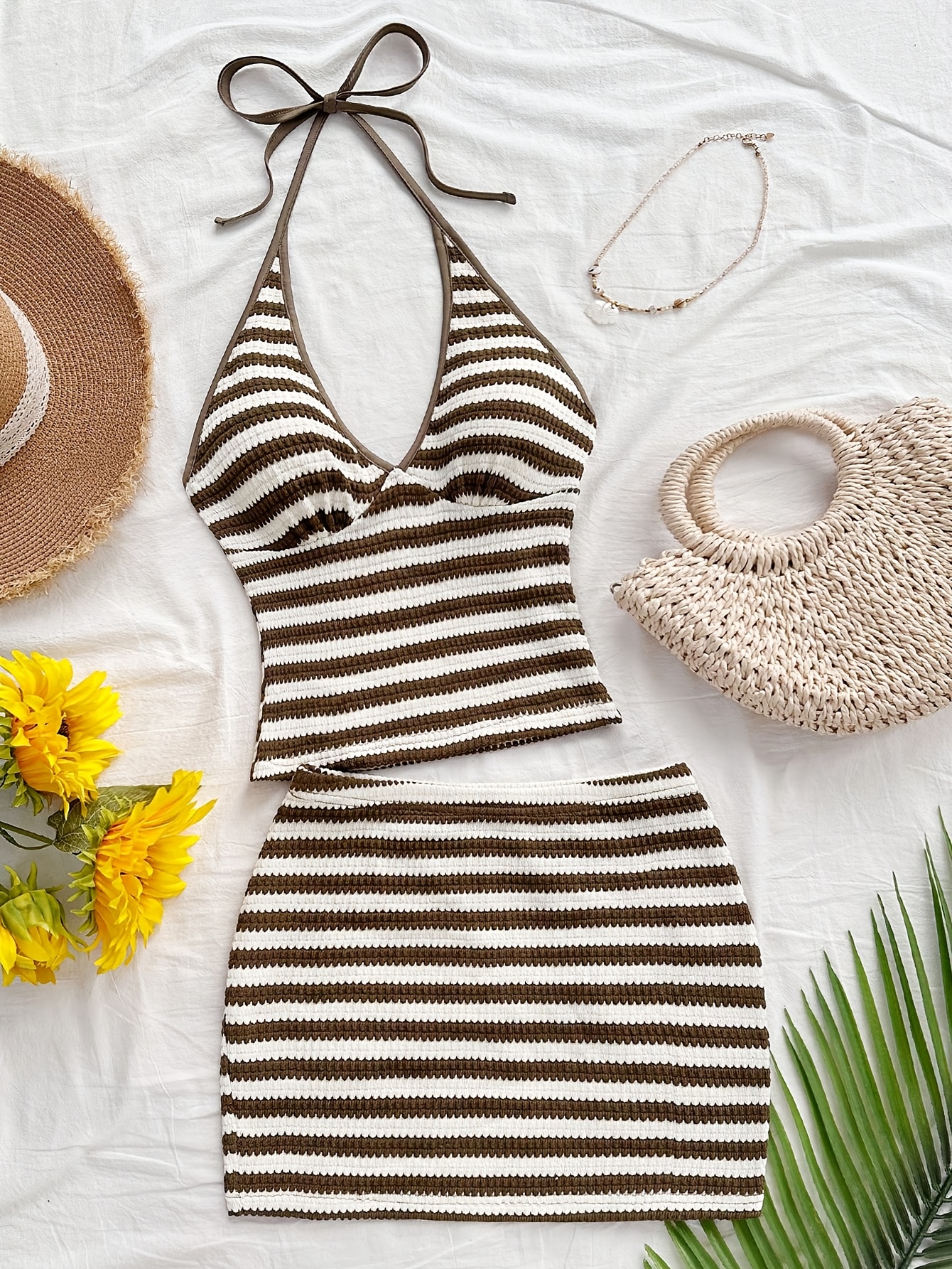 womens beach vacation casual set with halter neck top and mini striped skirt