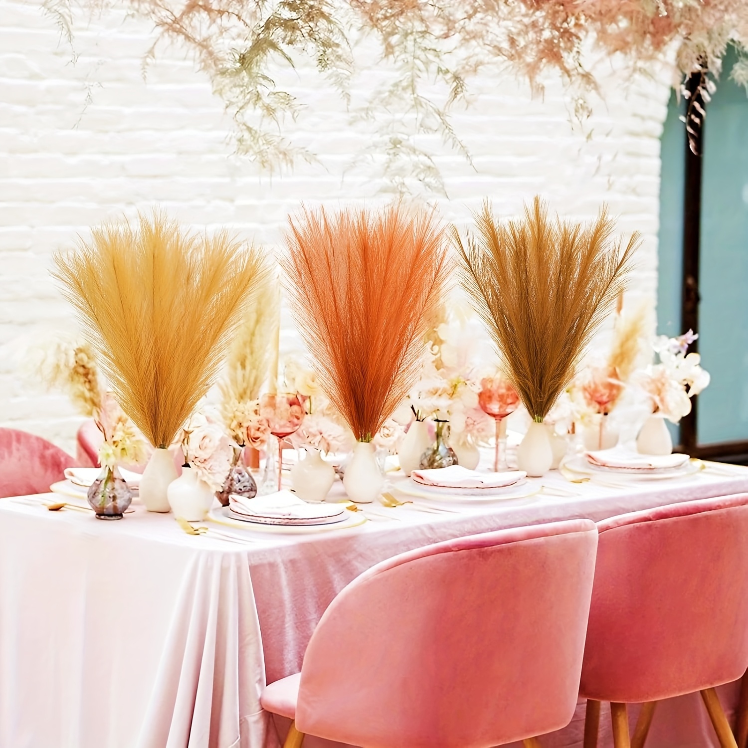 Image of 207pcs Dried Pampas Grass Bouquet, Boho Table Decor, Bunny Tails Dried Flowers, Brown Pompas, White Pampas Grass For Wedding, Home, Rustic Party, Baby Shower Decorations