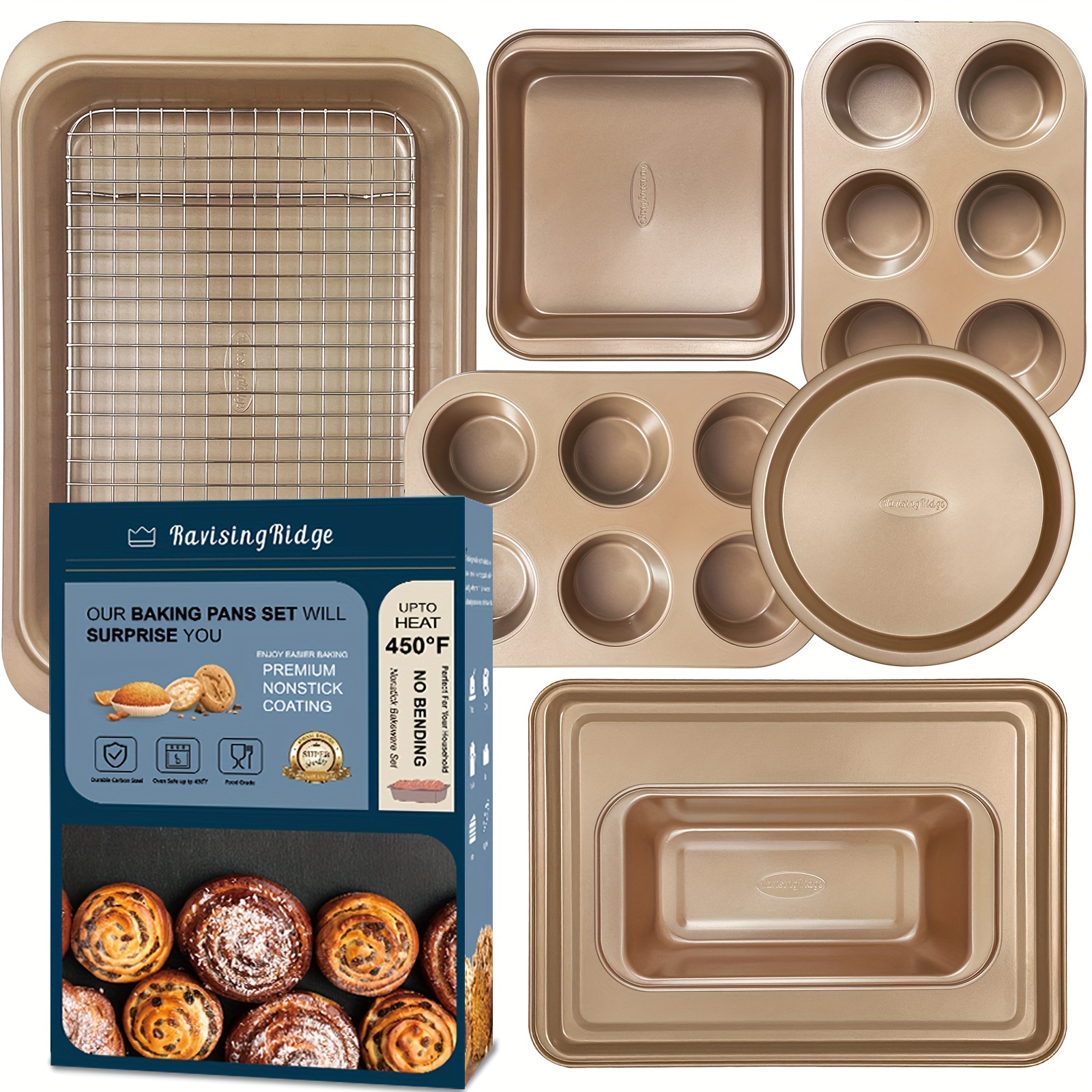 

Baking Pans Set With Nonstick Coating - Ultrathick Professional 8-piece Bi-color Pans Including Cookie Sheet, Muffin, Cake Pans, And Cooling Rack - Heavy Duty, Dishwasher Safe
