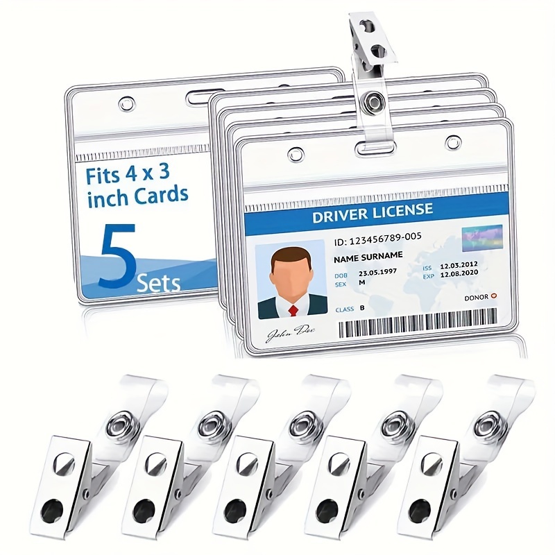 E-shop 10er-Set Langlebige Wasserdichte Ausweishalter mit Metallclip, Transparenter Horizontaler Namensschild-Kartenhalter für Geschäft und
