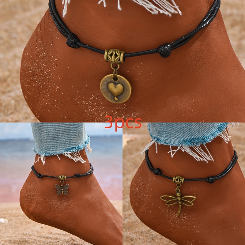

3 Pieces Of Dragonfly/butterfly/love Pendant Pu Leather Woven Ankle Set, Women's Personalized Drawstring Ankle Bracelet, Summer Beach Travel Accessories