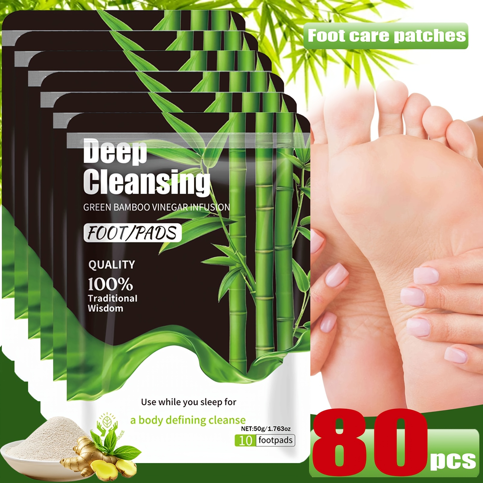 80pcs Deep Cleaning And Care Foot Patch Set, Natural Bamboo Vinegar Ginger Powder Plant Ingredients, Alcohol-Free to Enhance Cleaning And Moisturizing, Affordable Foot Comfort Care Massage Pad - Use After Showering at Night, Enjoy Sufficient Rest