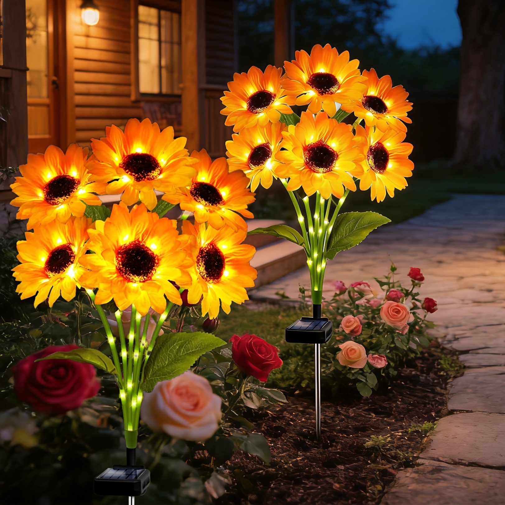 TEMU 2 Bouquets 12 Flowers Solar Sunflower Halloween Solar Garden Lights Led Flower Outdoor Yard Decorative Lights Solar Camping Lamp Anniversary