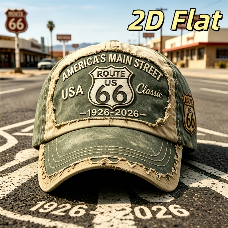 Image of Main Street Usa No. 66 Classic Baseball Cap, 1926-2026 Commemorative Distressed Dad Hat, Unisex Adjustable Outdoor Hat, Suitable For Road Trips And Daily Wear