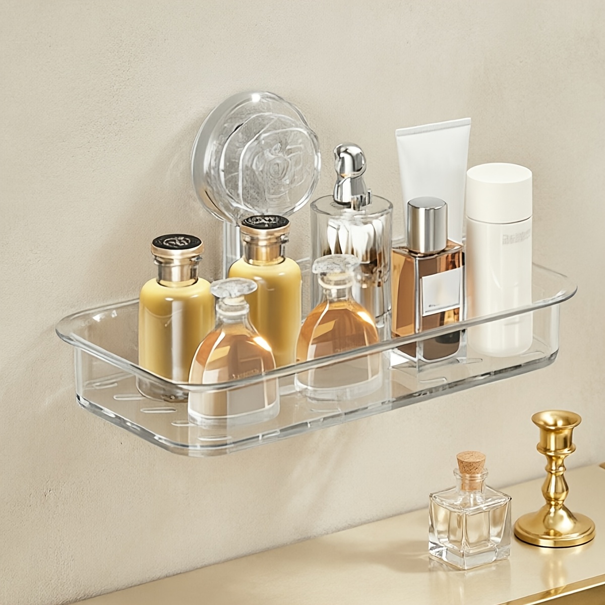 item picture suction cup shower organizer no drilling required made of thickened sturdy material and   powerful vacuum suction cups   secure installation making it ideal for storing toiletries easy to clean