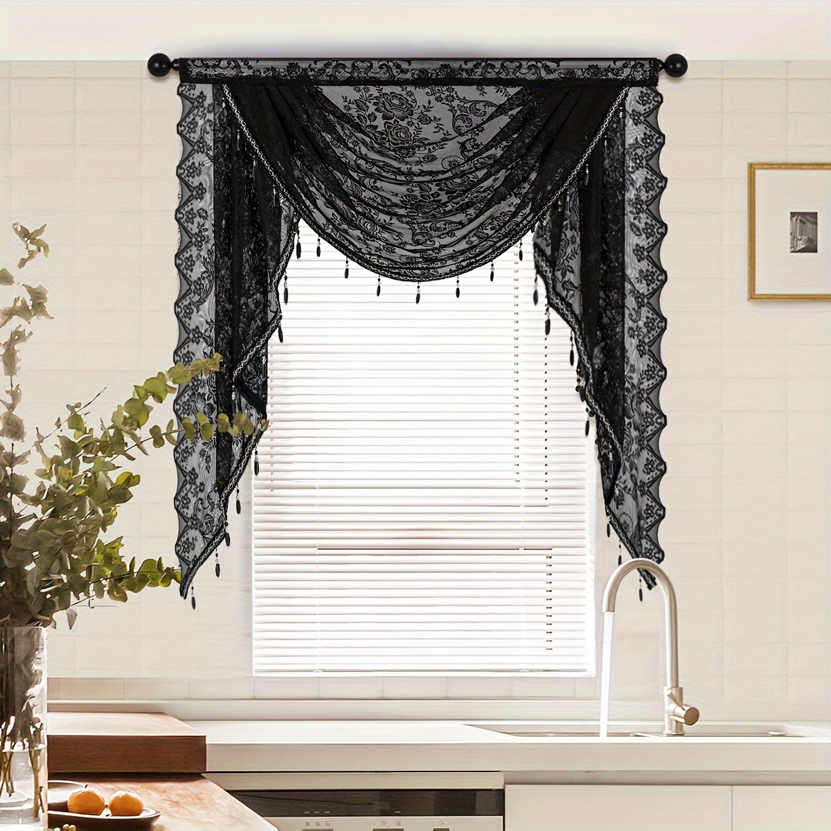 

Chic Lace Valance - Floral Jacquard Short Curtain For Kitchen & Living Room Decor, Semi-sheer Polyester With Rod