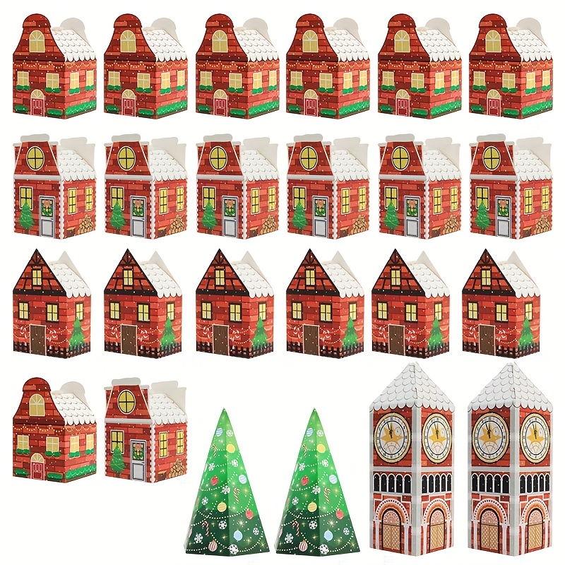 Image of 24pcs Christmas Village Paper Gift Boxes, House And Clock Tower Shaped Xmas Decorative Gift Containers, Favor Boxes For Christmas Party Decor And Gift Packaging
