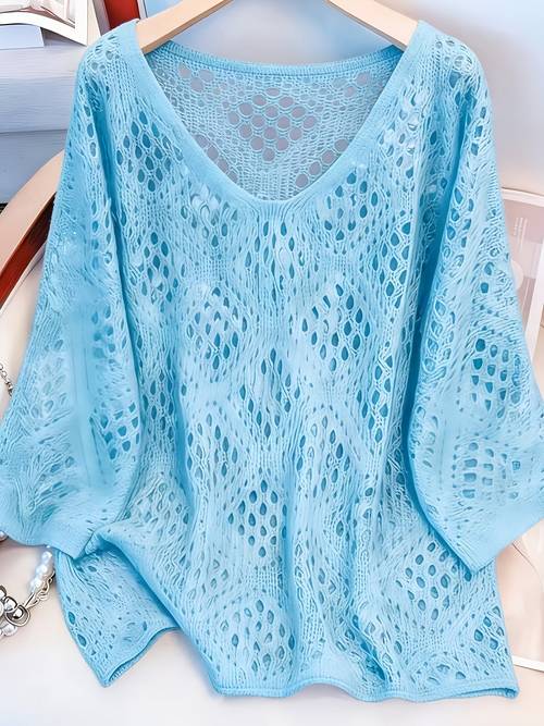 plus size plus size womens paisley loose fit elegant hollow out round neck pullover long sleeve sweater