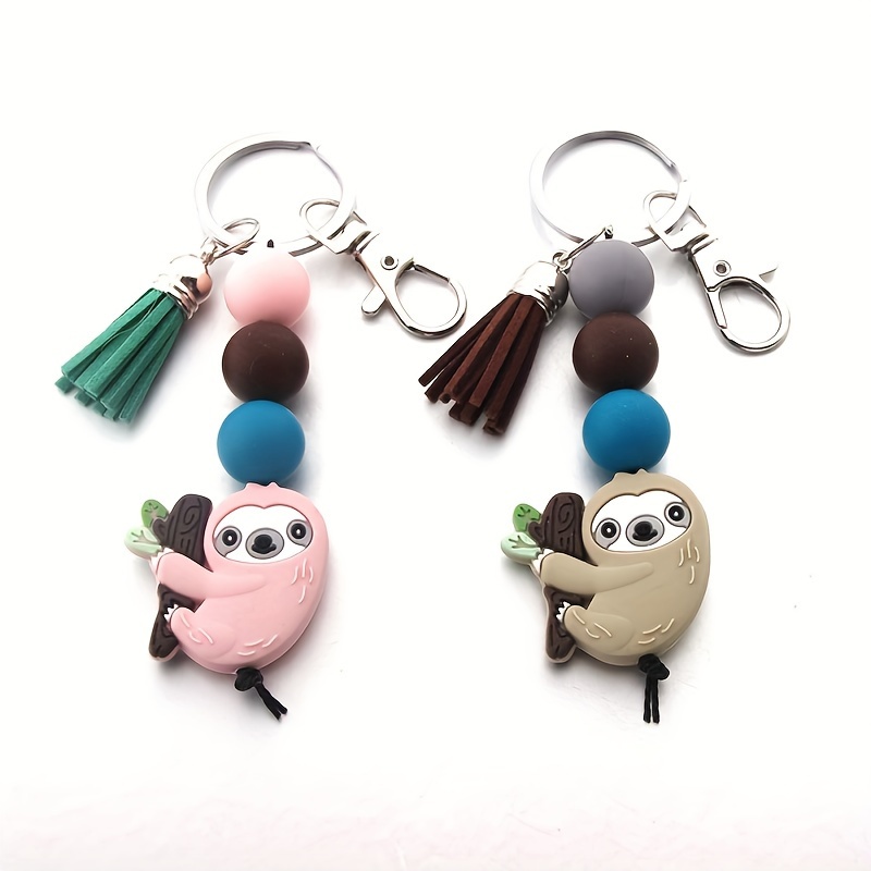 

Novelty Knickknack, Cute Sloth Silicone Bead Keychain - Cartoon Animal Charm With Tassel, Lobster Clasp For Diy Bag & Car Decor