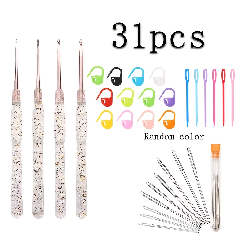 Image of 31pcs Transparent Plastic Handle Crochet Hook Set, 4pcs Crochet Hooks (2mm-5mm), Equipped With Knitting Crochet Supplies, With 9 Large-eye Blunt Needles, Transparent Tube Storage