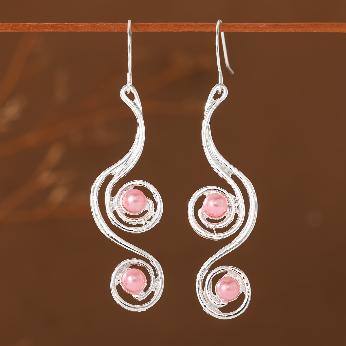 TEMU Bohemian Style Hollow Wrapped Abstract Curve Pink Pearl Pendant Women's Earrings Suitable For Parties Gatherings Daily Gentle Women's Jewelry