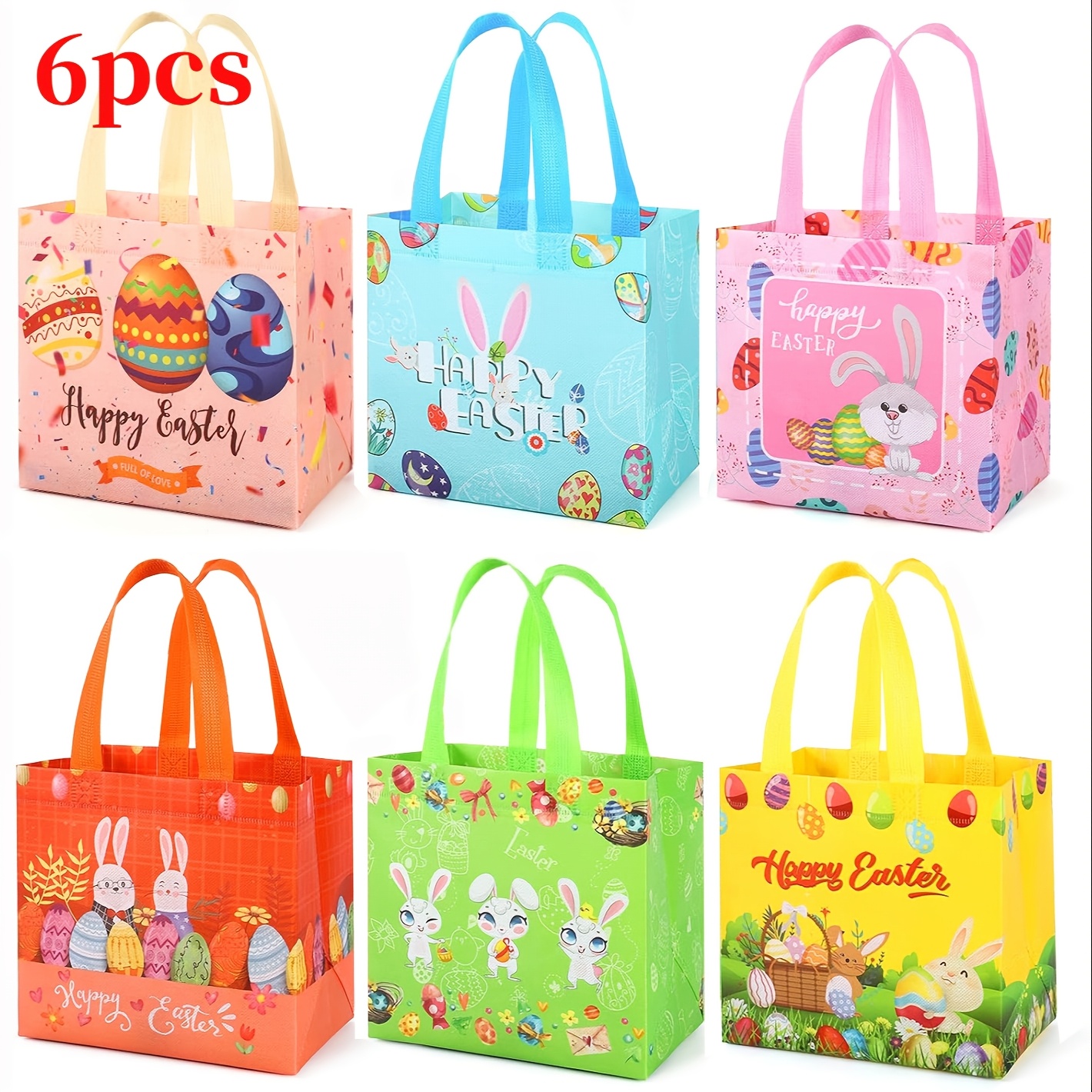 Image of Gift For Her/him 6/ 12pcs Easter Gift Bags, Easter Baskets With Handle Gift Bags Reusable Non-woven Tote Bags For Easter Holiday Spring Party Supplies Open Size 7.9x5.9x7.9inch