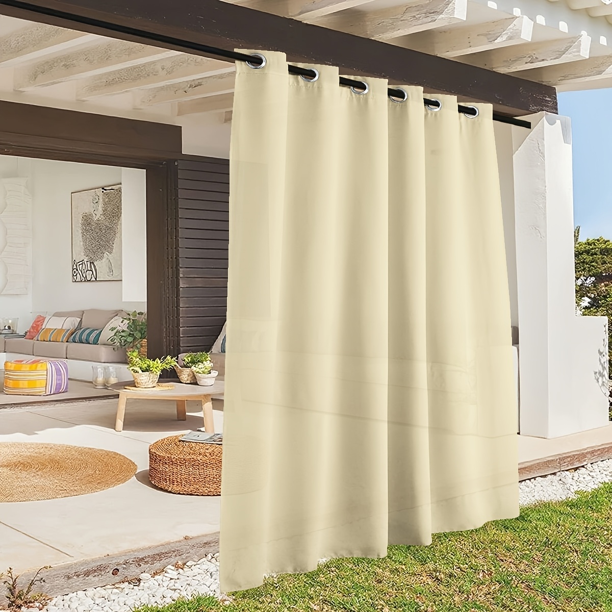 E-shop 1 Panel Outdoor-Sichtschutzvorhang mit Ösen – Halbtransparentes Panel für Terrasse, Pergola, Pavillon, Balkon – Neutralfarben, Einfache Montage,