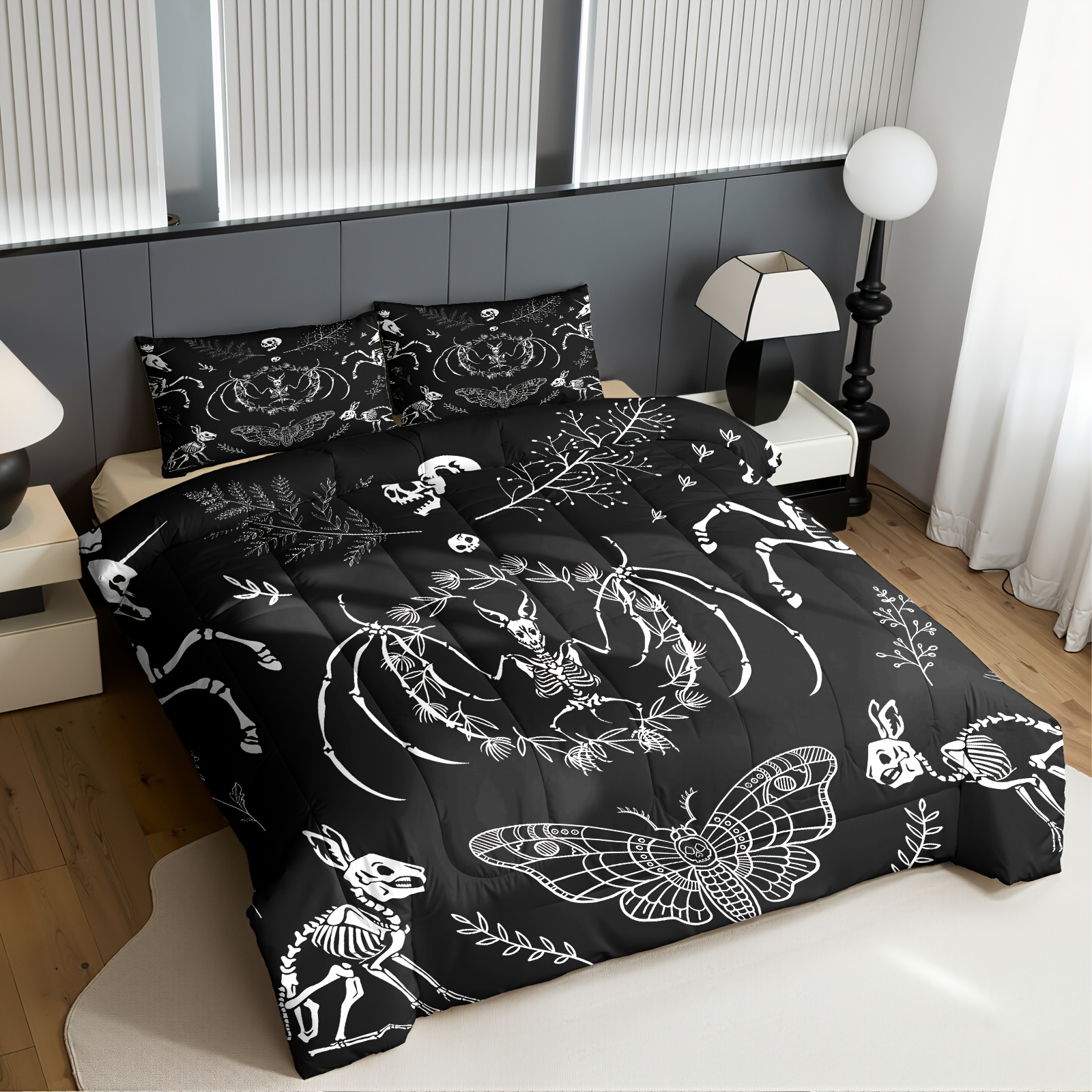 TEMU Modern Minimalist Black And White Moth Face Animal Bedding Set With Quilt And Pillowcases, Suitable For Bedroom And , Available In 2 Or 3pcs