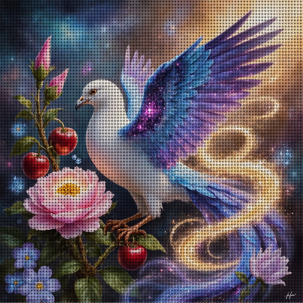 New Frameless Cross-Stitch Printed Kit, "Fantasy Flying Birds with Flowers and Fruits" 2D Pattern