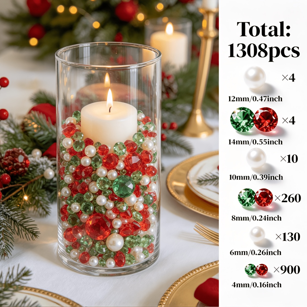 TEMU 1308pcs Perles de remplissage pour vase de Noël, perles de diamant acryliques rouges et avec fausses perles blanches, facetées de tailles mixtes