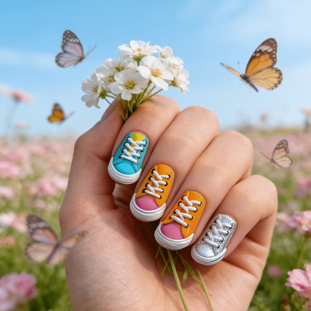 this nail art features a 3  of canvas shoes in a set of 24pcs utilizing bright contrasting colors to blend fun   making it a   option for    