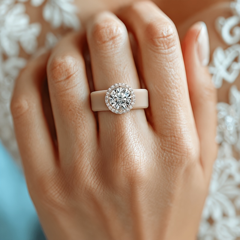 Light Luxury Silicone Ring Holder with Halo Pave Round Main Stone