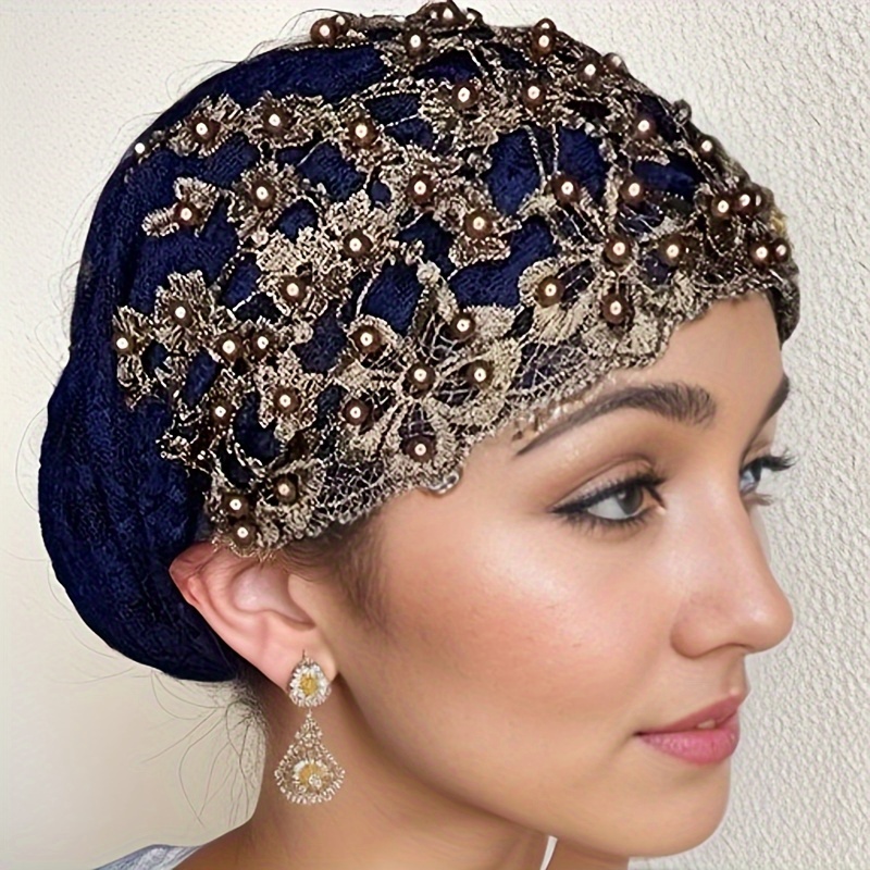 TEMU chapeau à cheveux pour femme avec perles dorées, extensible, doux et confortable, très adapté pour un port , le Ramadan, l'Aïd , etc.