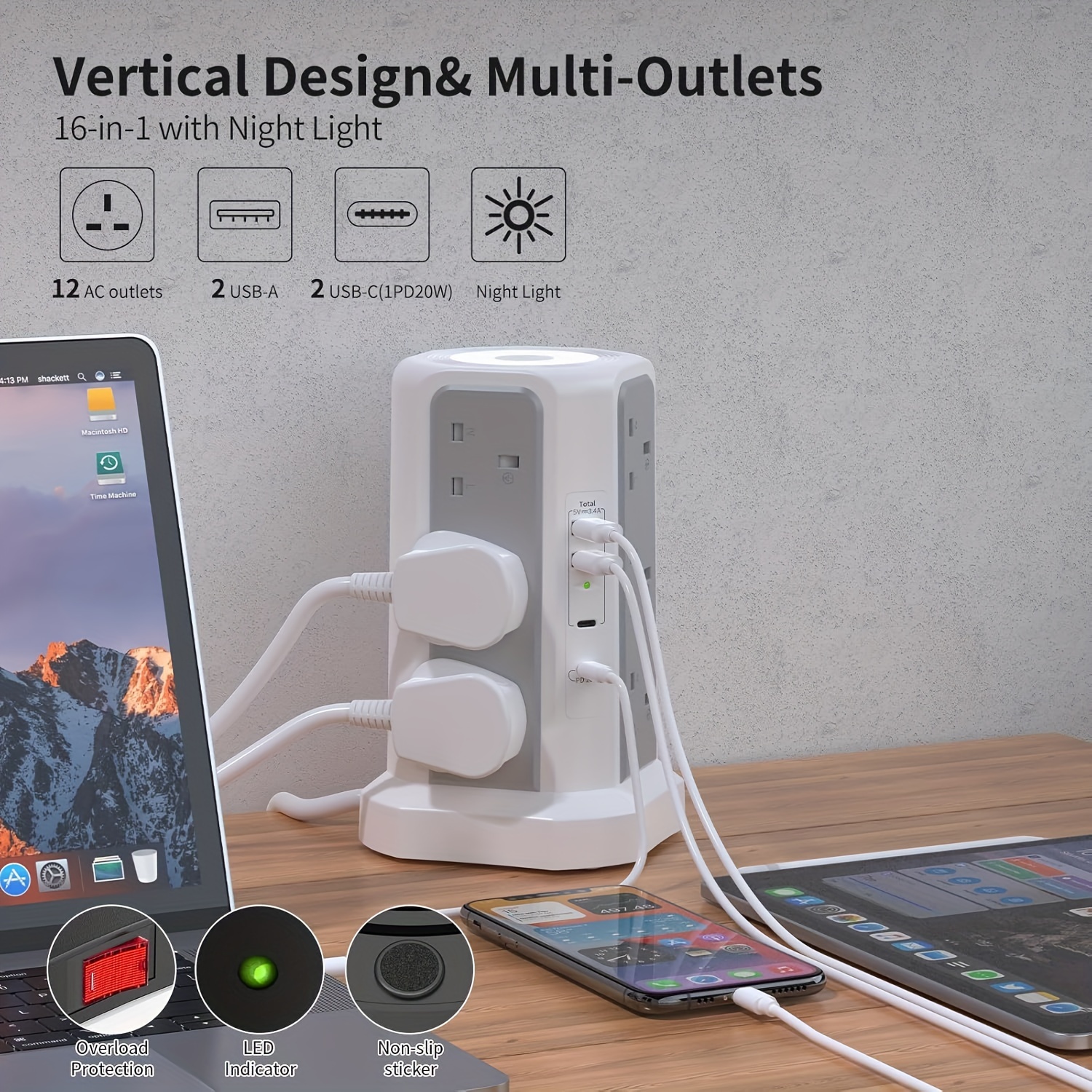Tower Extension with USB Slots & Night Light