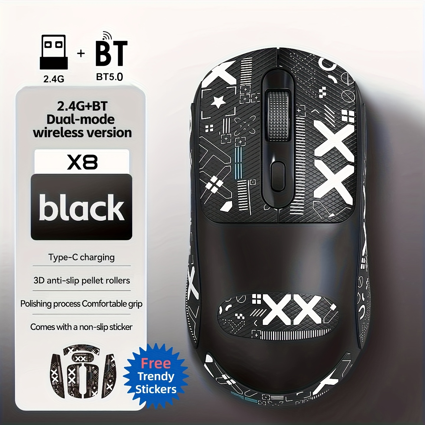 TEMU Gaming Wireless Mouse (2.4g+bt5.0) - Comes With Self-adhesive Trendy Stickers, , Lightweight Comfortable Grip, Silent Buttons, Rechargeable, For