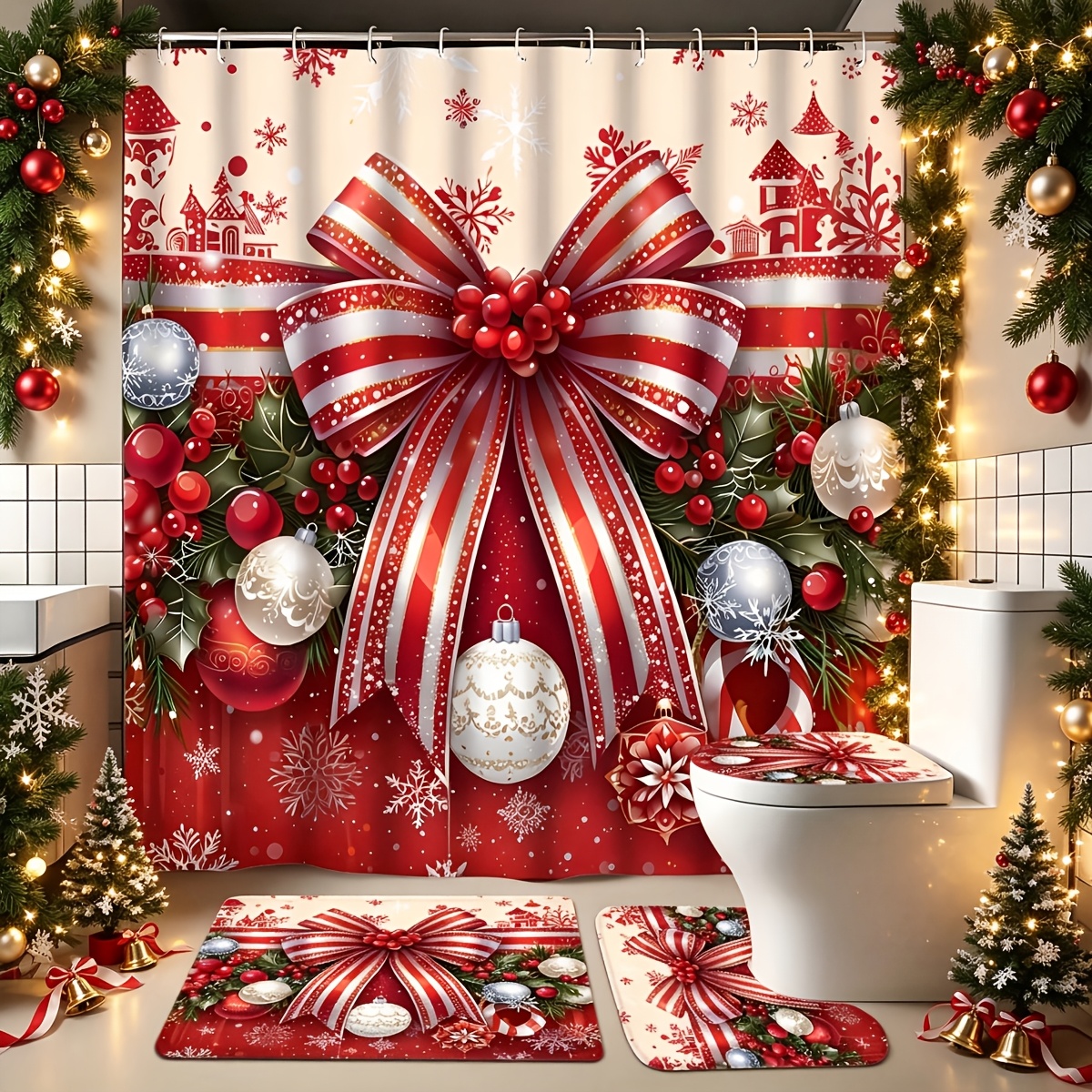 TEMU 4pcs Bathroom Complete Set, Anti-slip Bathroom Mat, U-shaped Carpet, Toilet Mat, High-quality Shower Curtain With 12 Durable Hooks, Exquisite