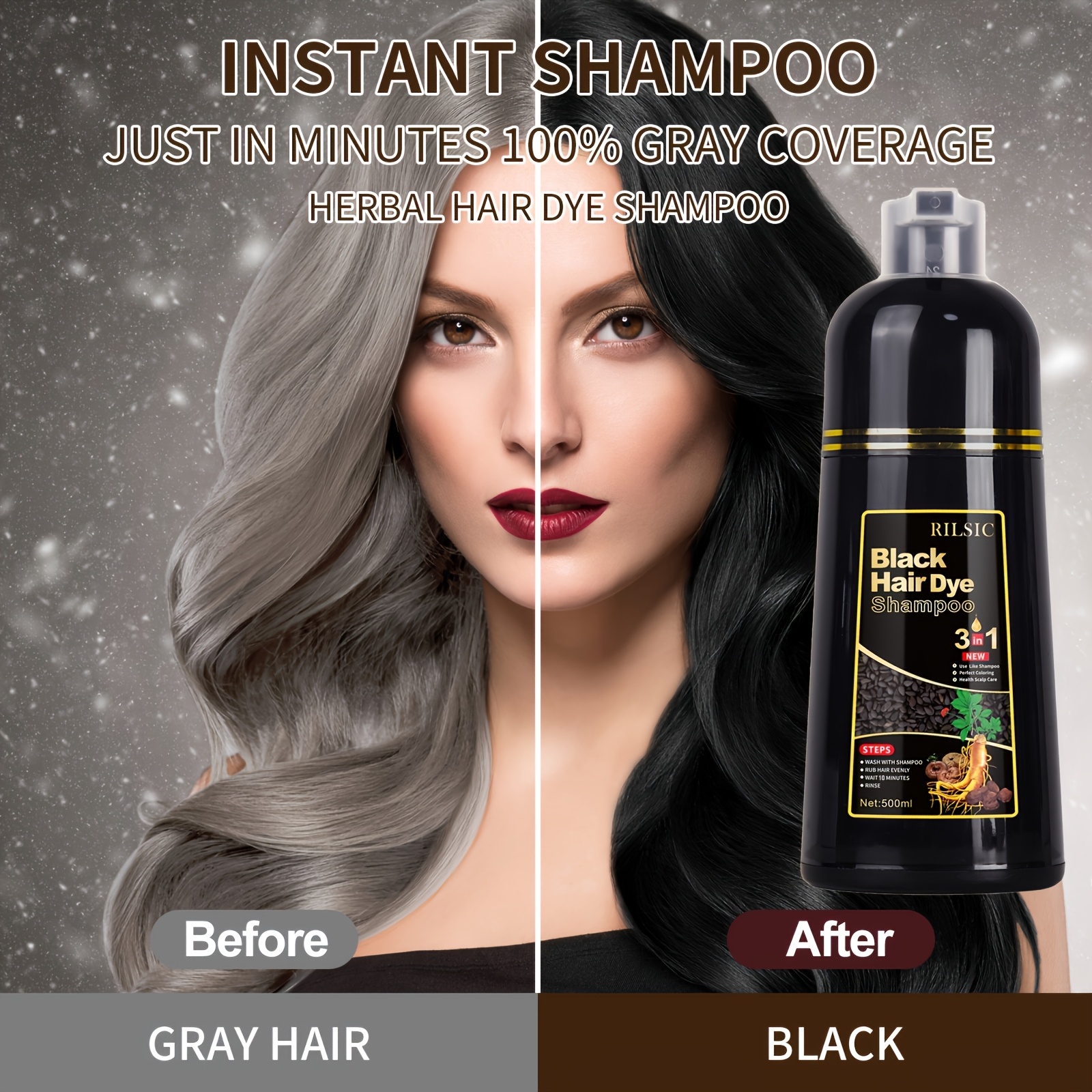 RILSIC 3pcs Hair Dye Shampoo, Quick Acting Hair Dye, Highly Coverage Of White Hair, Containing Ginseng Essence Extract, Moisturizing Hair Care - Both Male And Female Adults Can Use, Suitable for All Kinds Of Hair
