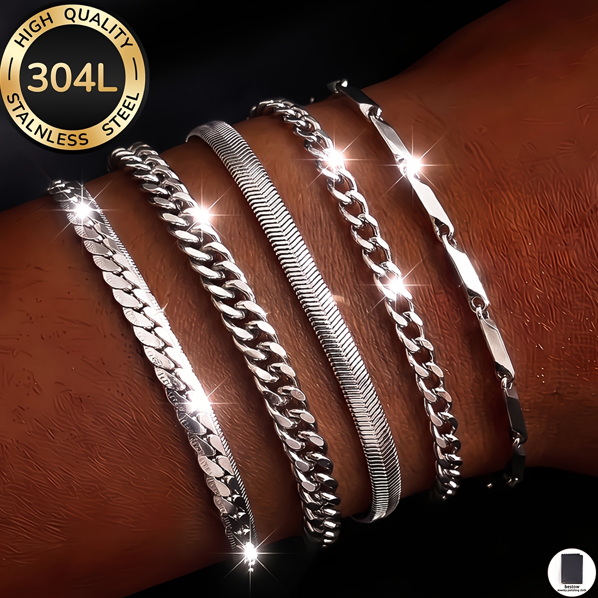 TEMU Ensemble de 5 bracelets en acier inoxydable 304L de haute qualité [1 chiffon de nettoyage pour bijoux] étanche et à la décoloration, idéal pour