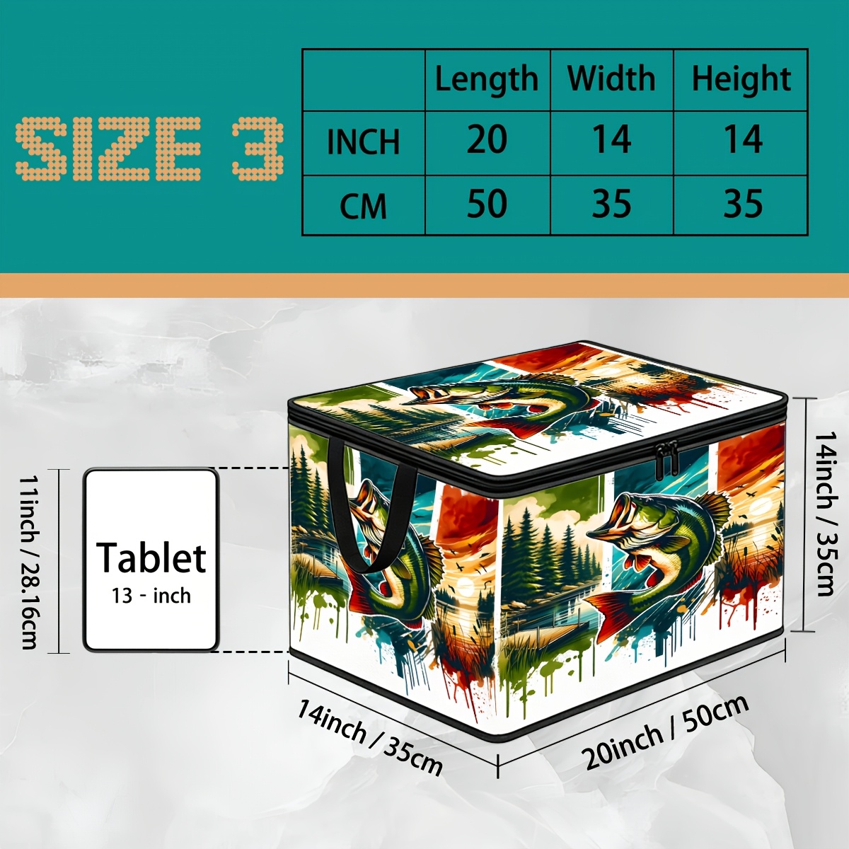 TEMU 1pc 1pcs Fishing-themed Storage Box With Largemouth Jumping Fish & Lakeside Sunset, Graffiti Ink Splatter Suitable For Travel, Moving, Camping -