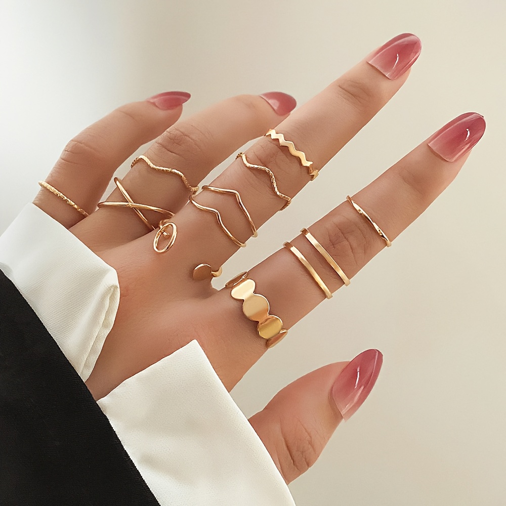 TEMU 10 piezas/juego de anillos apilables con diseño de ondas y cruces, elegantes y de lujo para mujer, material adecuado para comidas , fiestas y